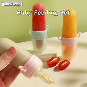 JustLiving 2Pcs/set Baby Feeding Set Silicone Spoon Feeder Bottle Rice Paste Squeeze Feeding Bottle Multifuctional Fruit Vegetable Food Supplement Milk Bottle Teething Feeding Supplies