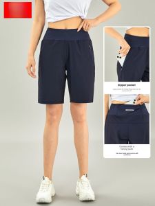 Quick-Drying Running Shorts Womens Elastic Breathable Zipper Pocket Fifth Pants Casual Sports Fitness Yoga Sweat-Wicking Middle Pants