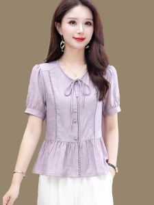 MAIMEI | Elegant and Slimming Purple Bow-Tie Thin Short-Sleeved Blouse