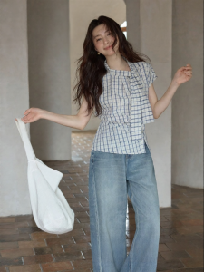 seemon | Áo Sơ Mi Kẻ Ca-rô Xanh Tay Nhún Thắt Nơ eo