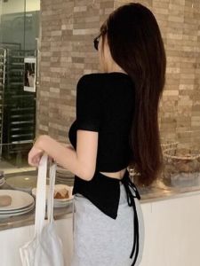 Sweet And Spicy Style Short Sleeve T-Shirt Womens Design Sense Body Shape Slim Fit Short Length Summer Cotton round Neck Top