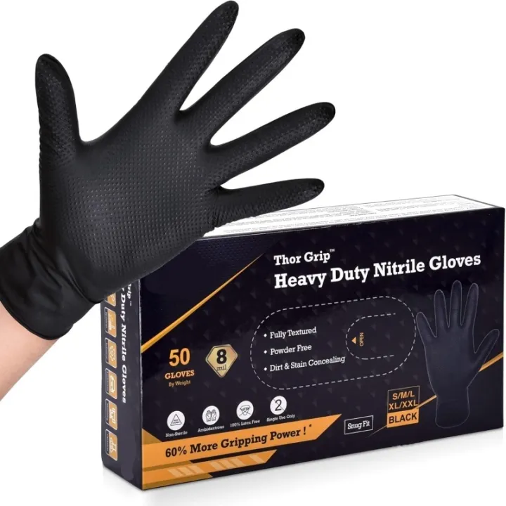 ถุงมือไนไตรสีดำ Heavy Duty 8mil Diamond Grip
