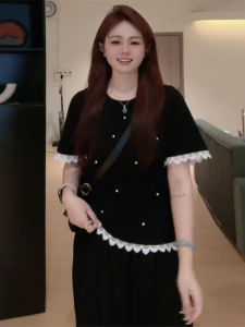 Plus Size French Style Beaded Lace Lace Patchwork Short Sleeve Tops Womens Summer Plus Size Ladies Loose Slim Looking Heavy Industry Knitwear