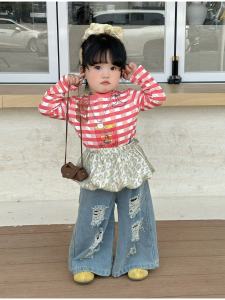 Tagkita | Spring Stripe and Ripped T-shirt Jeans Girl