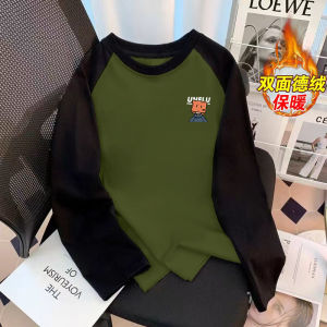 Áo Thun Nam Tay Dài Dày Lót Lông Cừu Mùa Đông 2025 Phong Cách Mới Màu Trơn Cổ Tròn in Họa Tiết Hoạt Hình