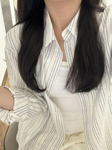 เสื้อเชิ้ตผู้หญิงแขนยาวลายทางบางหลวมๆ ฤดูร้อน 2024 เสื้อเชิ้ตคอโปโลแขนยาวแบบลำลองสำหรับผู้หญิง