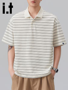 FINGERCROXX | Cotton Stripe Short Sleeve Polo Shirt Mens Loose Retro Casual Turn-down Collar T