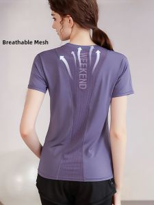 Womens Yoga Workout T-Shirt Short Sleeve round Neck Mesh Breathable Quick Dry Elastic Training Fitness Sportswear Summer