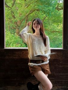 YUEZHONGWEI | Irregular Off-shoulder Lace Hollow-out Ice Silk Knitwear