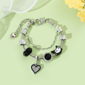 Sanrio | Kuromi DIY Charm Bracelet Zinc Alloy with Black Crystal & Rhinestone Heart Charms Adjustable Silver Bangle