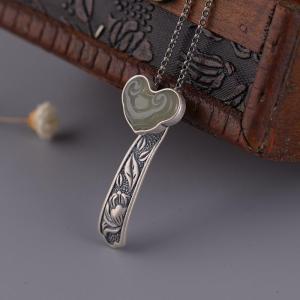 Natural Silver Plated Yang Li Jade Tapered Necklace Clavicle Chain Vintage Chinese Style Fashion Ethnic Peony Flower Pendent