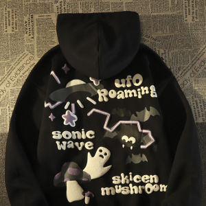 Retro American Bat Ghost Hoodie Womens Autumn Winter Fleece Long Sleeve Street Style Oversize Jacket Cartoon Print Streetwear