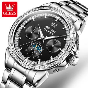 OLEVS 6695 Đồng Hồ Tự Động Dành Cho Nam Bằng Thép Không Gỉ Sang Trọng Viền Kim Cương Lịch Vạn Niên Pha Mặt Trăng Đồng Hồ Đeo Tay Cơ Khí