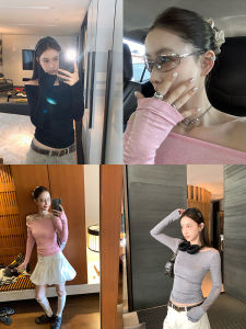 Pink One-Shoulder Long-Sleeve Slim Fit Base Layer Cross-Shoulder T-Shirt Commute Style Korean Version Rylee Rayon Wool Blend