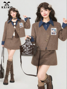 KEIKO | Bộ Đồ Nữ Mùa Thu Có Đệm Vai Màu Đối Chọi Phong Cách Retro