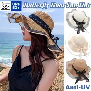 Wide Brim Sun Hat With Butterfly Knot Summer Seaside UV Protection Straw Hat Women Sunscreen Hat