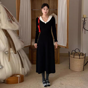 Váy Dệt Kim Cổ Chữ V Màu Đen Thanh Lịch Cho Bà Bầu Mùa Xuân Thu Hoa Trà Váy Dài Ôm Eo Thon Gọn Phong Cách Pháp