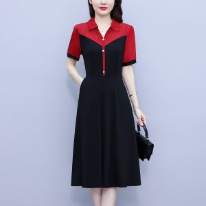 Elegant Fake Two-Piece Dress Womens Mid-Length Short-Sleeve Knee-Over plus Size A-Line Skirt Korean Style Commute Dress