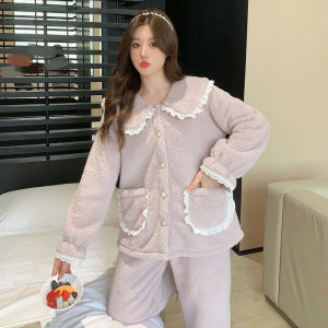 Womens Winter Sleepwear Coral Fleece Thickened Warm Set Sweet Collar Can Be Worn outside Home Clothes Long Sleeve Long Pants