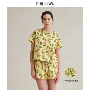 LiWu Summer New Pure Cotton Floral Print Home Clothes Set Womens Short Sleeve Shorts Two-Piece Set Comfortable Breathable Sleepwear