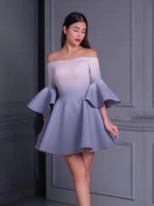 ชุดเดรสยาวแขนกระดิ่งไหล่เดียวสไตล์ฝรั่งเศส ชุดเดรสทรงเข้ารูปเอวเข้ารูป ชุดเดรสแฟชั่นฤดูใบไม้ร่วง ชุดเดรสผู้หญิง