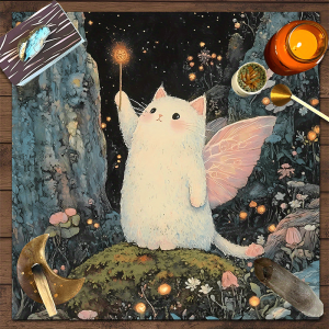 VIKAMA 2/4PC Magic Elf Tarot Tablecloth Pink Winged White Cat Wand Bedroom Childrens Room Fantasy Decor