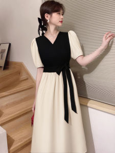 Váy Dài Tay Bồng Cổ Chữ V Mới 2025 Váy Dài Chữ a Cạp Cao Thời Trang Mùa Hè Cho Nữ