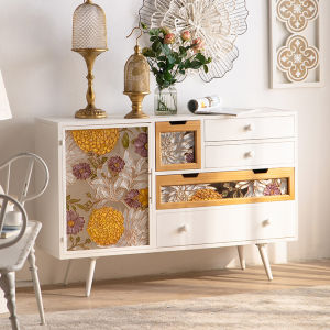 French Style Cream Style Chest of Drawers Solid Wood Vintage Glass Painted White Iron Cabinet Entrance Cabinet Door to Door