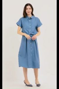 Krizia Cotton Button Down Collared Shirt & Pleated Long Midi Skirt Terno Set | Formal Party Casual Office Work