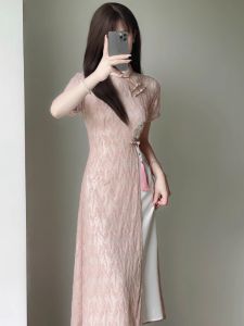 Elegant Lace Cheongsam Young Style High Quality Improved Audrey Dress Summer 2024 Short Sleeve Daily Wear Retro Style Long Qipao