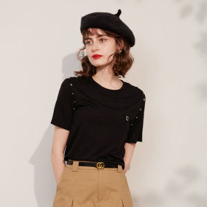 White Deer Language Casual Simple Rivet Decoration Short Sleeve T-Shirt Summer round Neck Solid Color Personality Fashion Versatile Womens T-Shirt