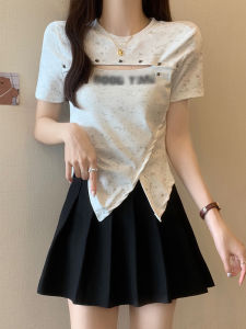 plus Size Hollow out Slimming Short Sleeve round Neck T-Shirt Womens Summer Fashionable Top Asymmetrical Korean Style Casual Wear