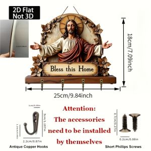 2D Retro Jesus Arms Open Key Rack Multi-Functional Christian Wall Art Decor for Family Porch Entrance Rural Farmhouse Home Decor