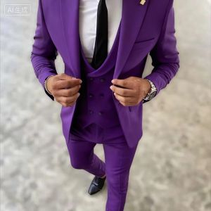 Solid Suits for Men Slim Fit Luxury Wedding Tuxedos Fashion Mens 3 Pieces(Blazer+Vest+Pants)Peak Lapel Suits Jacket for Business