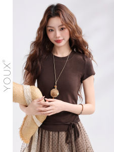 YOUXIANG | Áo Thun Ôm Body Tay Ngắn Màu Nâu Café Phong Cách Retro
