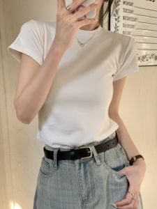 Chic round Neck Short Sleeve White Cotton T-Shirt Womens Summer Slim Fit Base Layer Pure Color Korean Style Commute Top