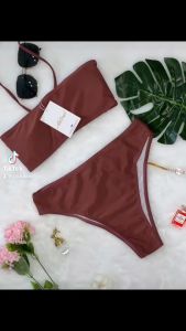 บิกินี่ เกาะอกสีน้ำตาล เรียบหรู ปรับสายด้านหลังได้ ไซส์M