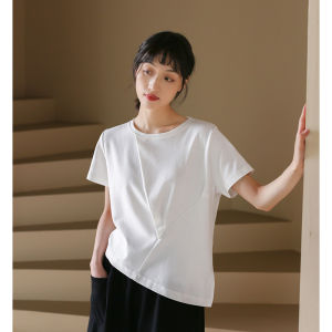 เสื้อยืดแขนสั้นสีขาวไม่สมมาตรสำหรับผู้หญิง ทรงเข้ารูป แขนสั้น สไตล์ลำลอง เส้นใยโพลีเอสเตอร์ผสม ฤดูร้อน 2022