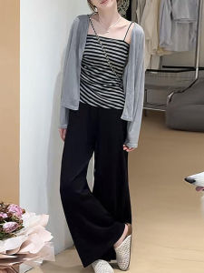 Shalldoer | Summer Fashion Striped Womens Three-Piece Set Sunscreen Cardigan Casual Pants Long Sleeve Round Neck Button-Up Clothing