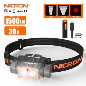 NICRON Flashlight H25/H35plus High Brightness Headlamp 1500/1600 Lumens Spot/Flood/Red Lighting Double-Switch Control IP65 Waterproof Headlight 18650 Type-C Rechargeable Flashlight For CampingHiking Adventure Christmas Gift