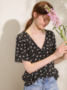 Miccbeirn | Miccbeirn Summer Heavyweight Silk Floral Print Short Sleeve V-Neck Comfortable Vacation Style Beach Womens Top T-Shirt