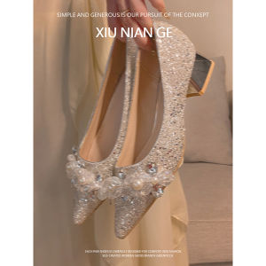 Sparkling Crystal Pointed Toe Chunky Heel Comfortable Flat Shoes Chinese Style Low Heel Flash Diamond Crystal Single Shoes