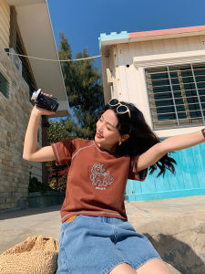 Hua Ji B381 Caramel Unicorn Letter Embroidery Contrast Stitch Shoulder Sleeve T-Shirt Womens New Summer Top Korean Style Loose Fit Short Sleeve round Neck