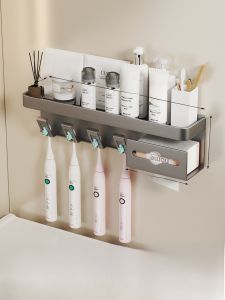 White Bathroom Electric Toothbrush Holder Space Aluminum Integrated Wall Mounted Towel Rack Toothbrush Cup Storage Organizer