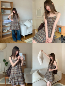 NIHAOKANONG | Đầm Ôm Vintage Họa Tiết Caro