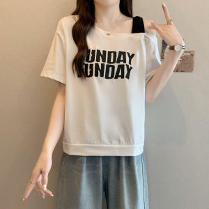 Shalldoer | Casual Style Letter Print Shoulder Bared Short Sleeve T-Shirt Womens Loose Slimming Summer Top Fashion Design Round Neck