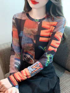 Retro Print Sun Protection Long Sleeve T-Shirt Womens Autumn Ice Silk Mesh Base Shirt Elastic Thin Trendy Top Korean Style