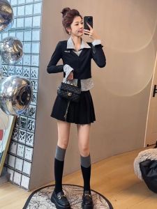 Fashionable Slim Fit Knitted Top And Skirt Set Womens Autumn Design Trendy Fake Two-Piece Ensemble High Waist Pleated Skirt