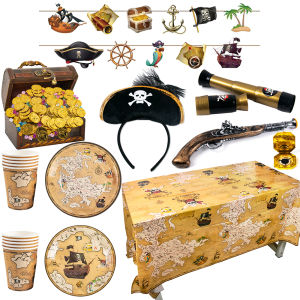 Pirate Party Decoration Telescope Gold Coins Pirate Hat Adventure Party Disposable Dinnerware Set Halloween Treasure Party Decor