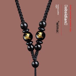 Gold Jadeite Zodiac Hand-Woven Pendant Lanyard Womens Necklace Rope Mens Jade Pendant Necklace